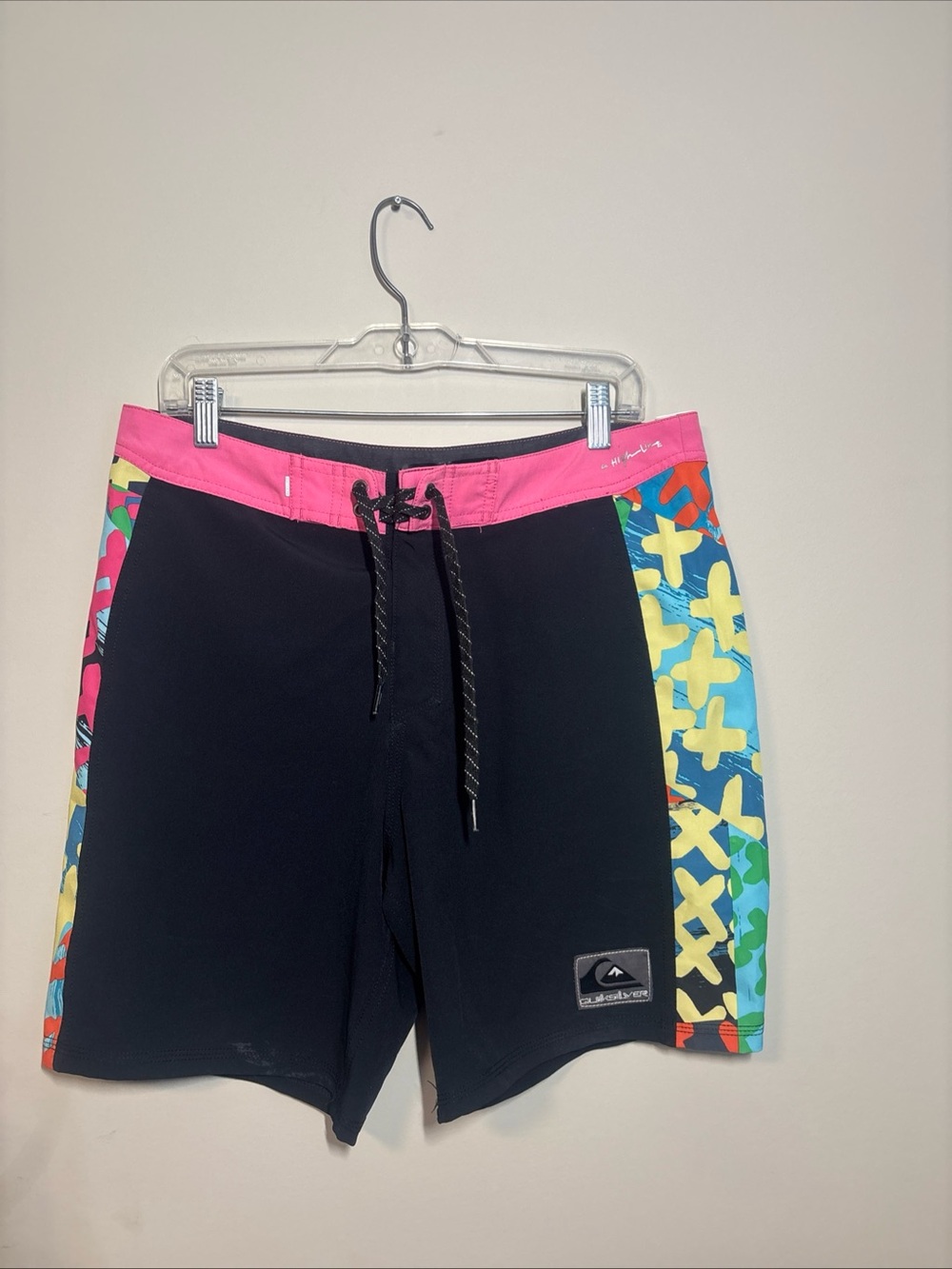 Quiksilver Black Board Shorts with Pink Waistband & Multicolor Graphic Panels